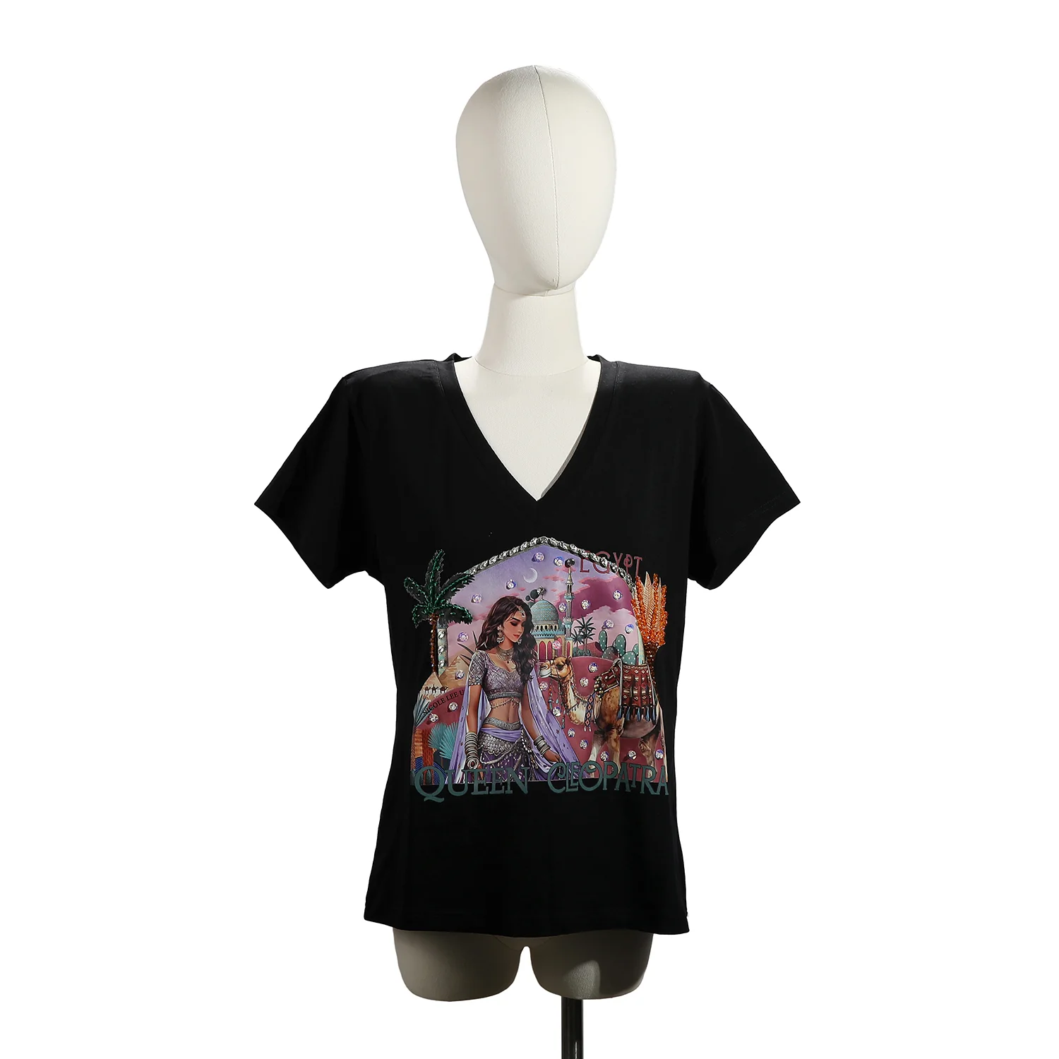 CAMISETA DE MODA CON CUELLO EN V (QUEEN CLEOPATRA NEGRO) - Imagen 2