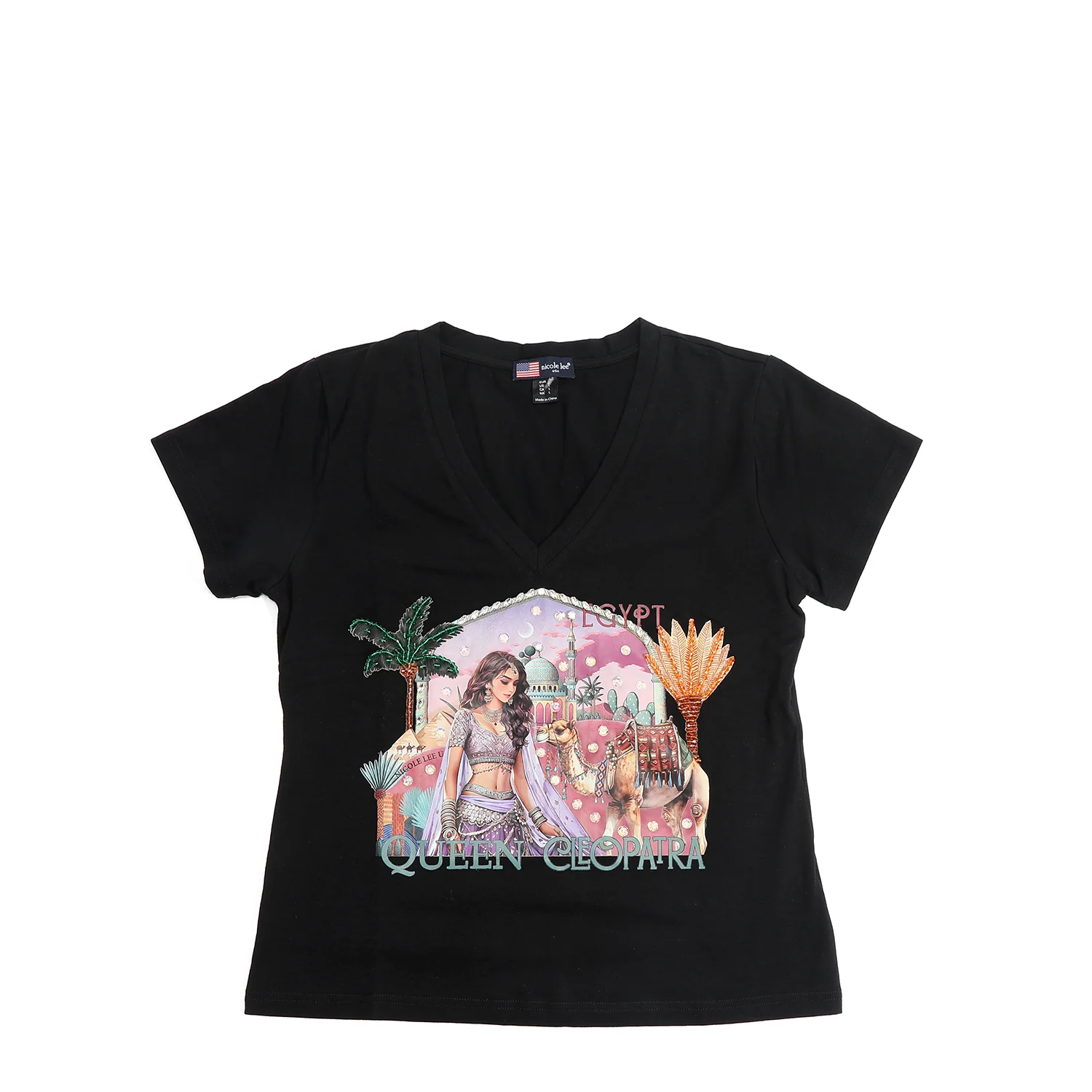 CAMISETA DE MODA CON CUELLO EN V (QUEEN CLEOPATRA NEGRO)