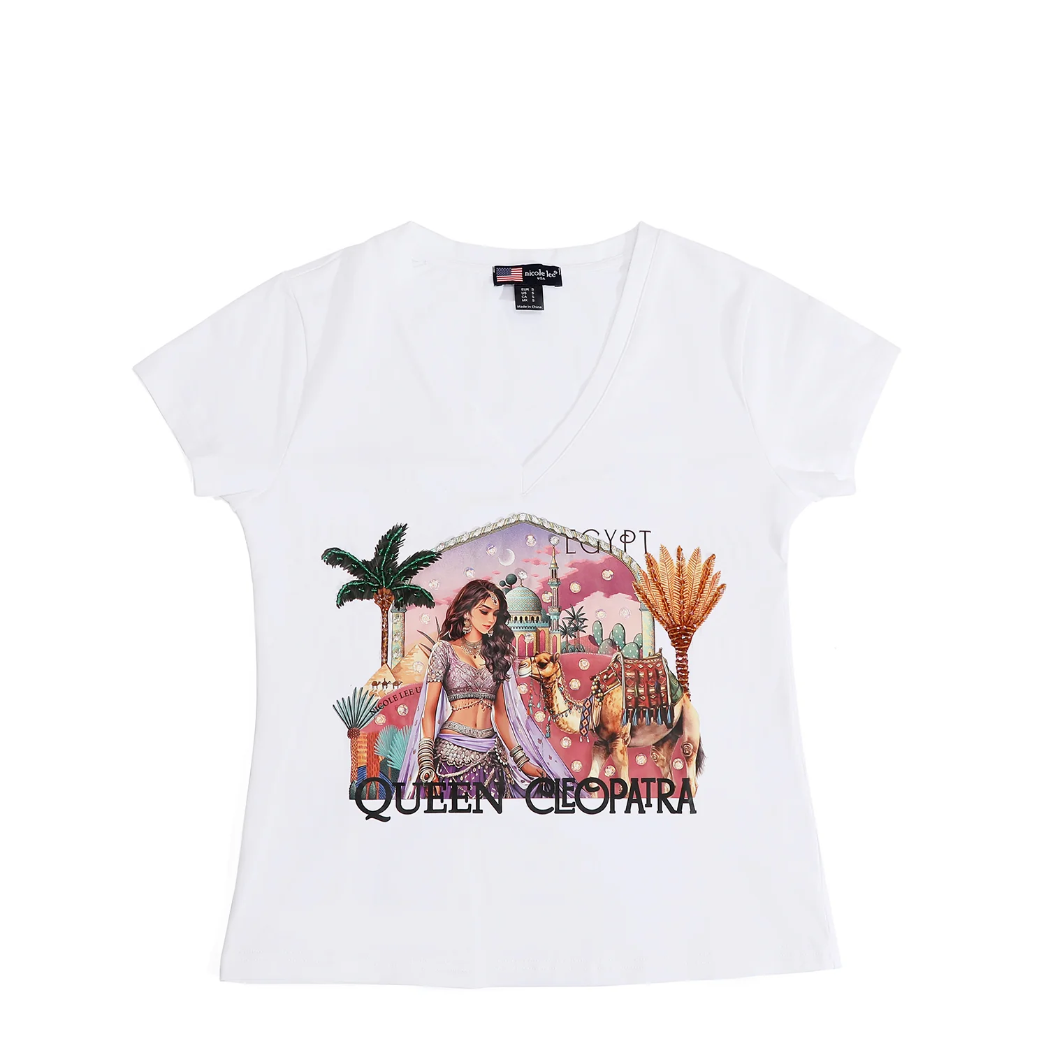 CAMISETA DE MODA CON CUELLO EN V (QUEEN CLEOPATRA BLANCO)